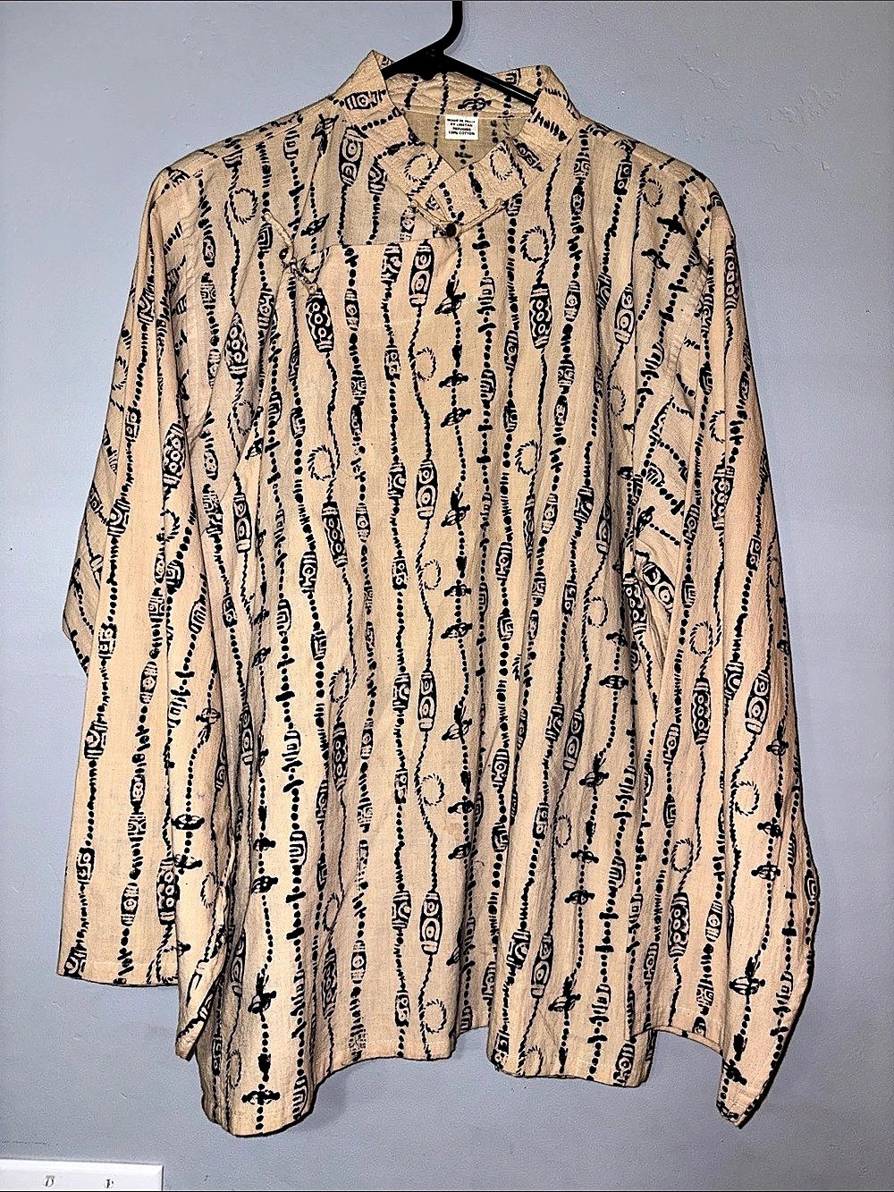 Tibetan Refugee Made Men’s Cotton Button Down Shirt Beige Blue Tribal Print